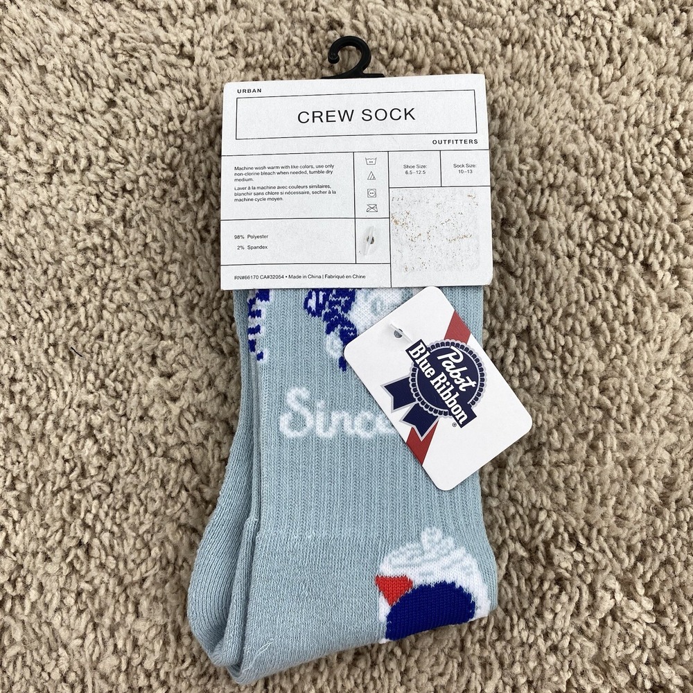 Pabst Blue Ribbon Crew Socks Blue Ribbed Graphic Unisex (10-13) Cheers Can NWT
